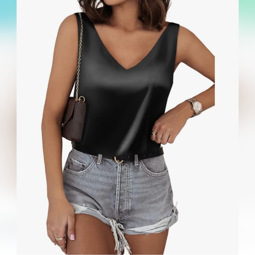 Women's black satin blouse tank top